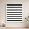 Custom zebra blinds in Twist Charcoal with a black cassette, made by Novo Blinds in Edmonton
