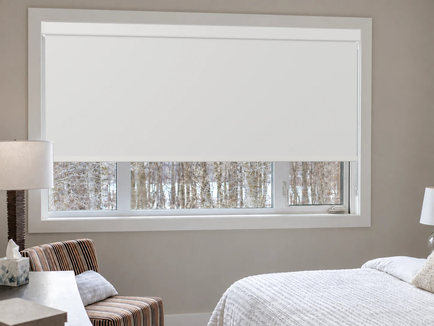Illustrative Novo White blackout roller blind in the approved Novo bedroom.