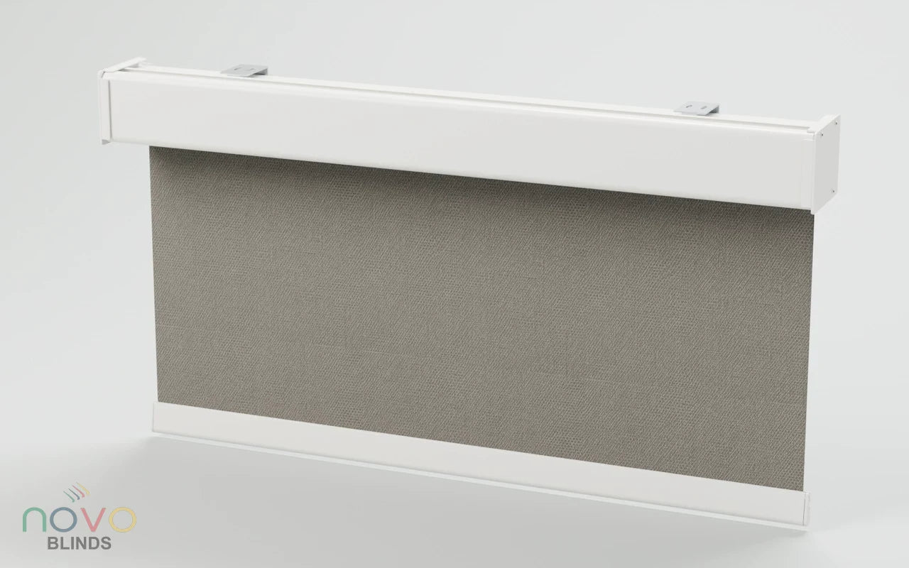 Illustrative roller blind with a smooth white cassette and warm taupe fabric